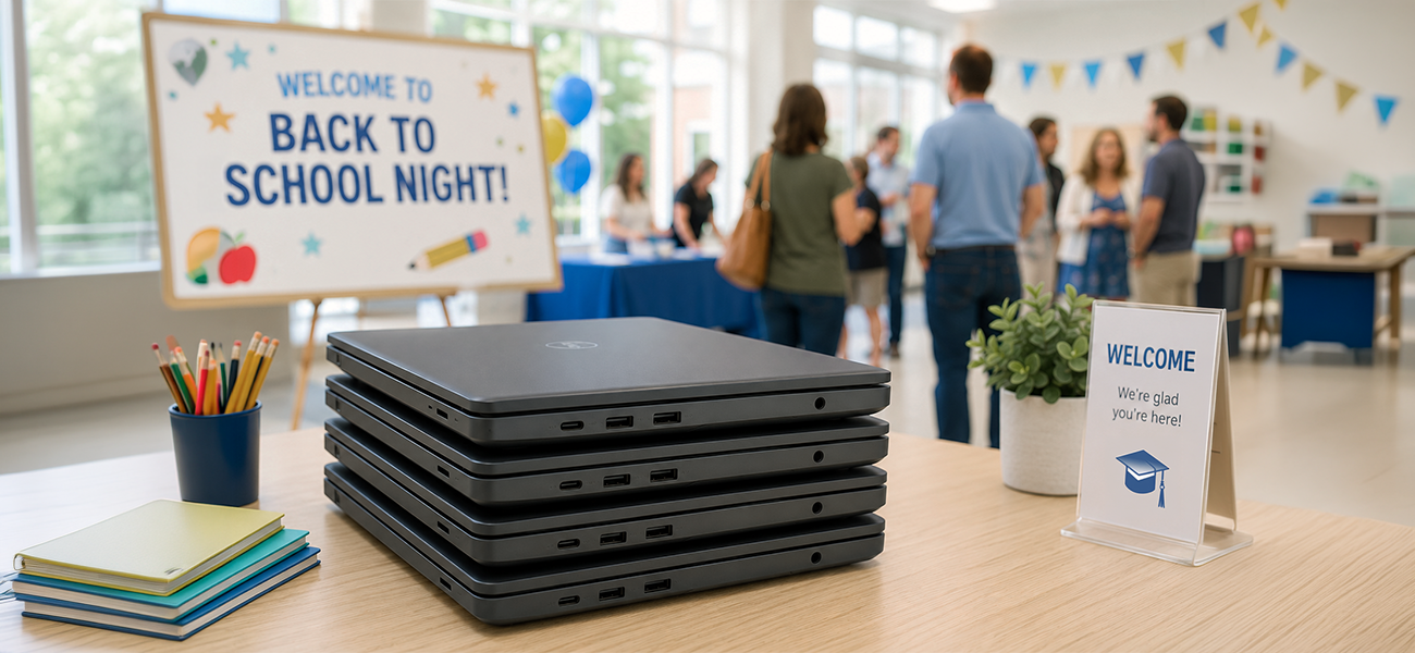Image: A stack of school-issued devices sitting on a desk at back-to-school night.