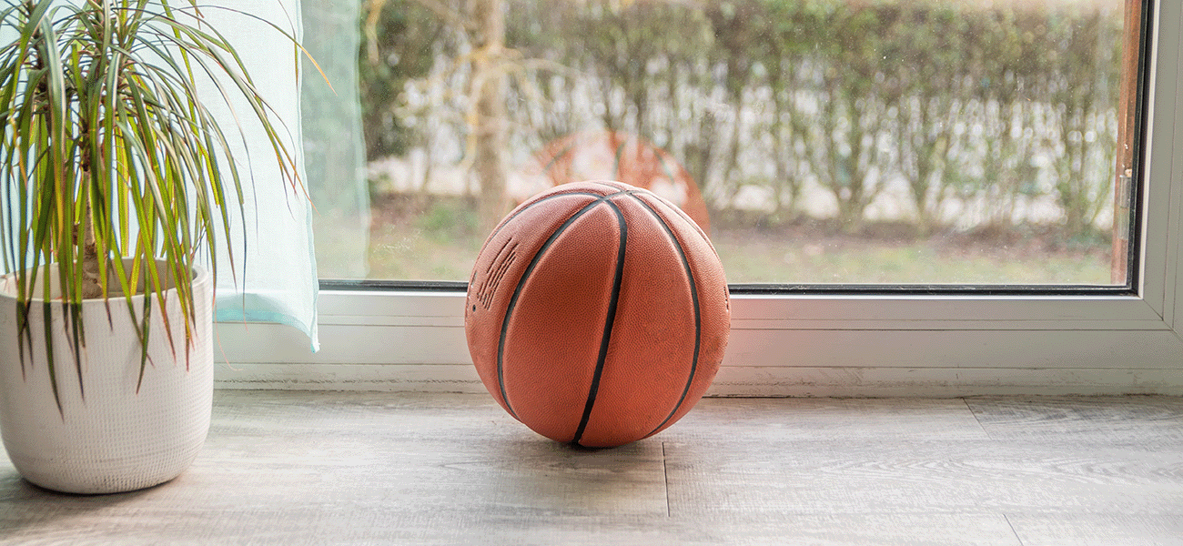 Basketball in a living room window.