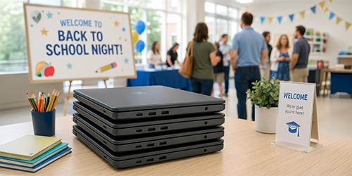 Image: A stack of school-issued devices sitting on a desk at back-to-school night.